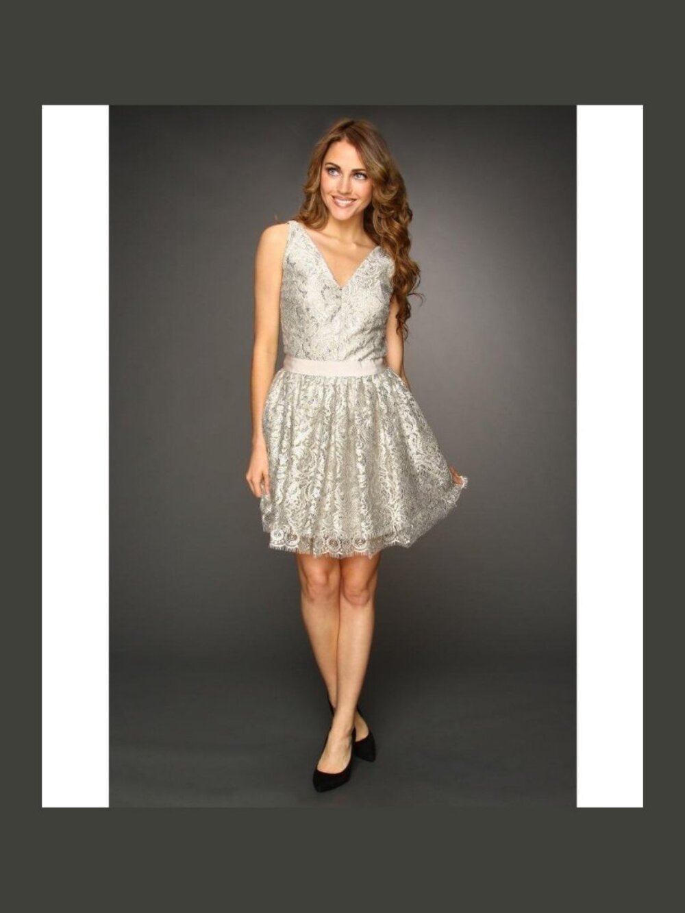 Robert Rodriguez Lace V Neck Tiered Dress Cream Sleeveless Ribbon Sash NWT